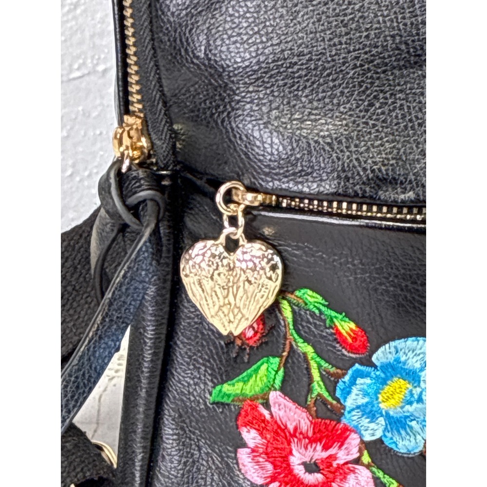 Betsey Johnson Black Floral Embroidered Mini Backpack Sling Bag Pink Lining - Picture 3 of 12
